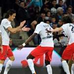 Paris Saint-Germain players congratulate Blaise Matuidi after he scored against Montpellier