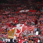 Liverpool's fans cheer ahead of their Champions League semi-final, first leg soccer match against Chelsea at Anfield in Liverpool