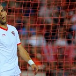 Sevilla's forward Alvaro Negredo reacts