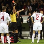 AS Roma's Panucci receives a red card during Champions League match in Leverkusen