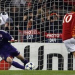 AS Roma's Totti shoots and scores from a penalty past Bayern Munich goalkeeper Kraft during their Champions League Group E soccer match at the Olympic stadium in Rome