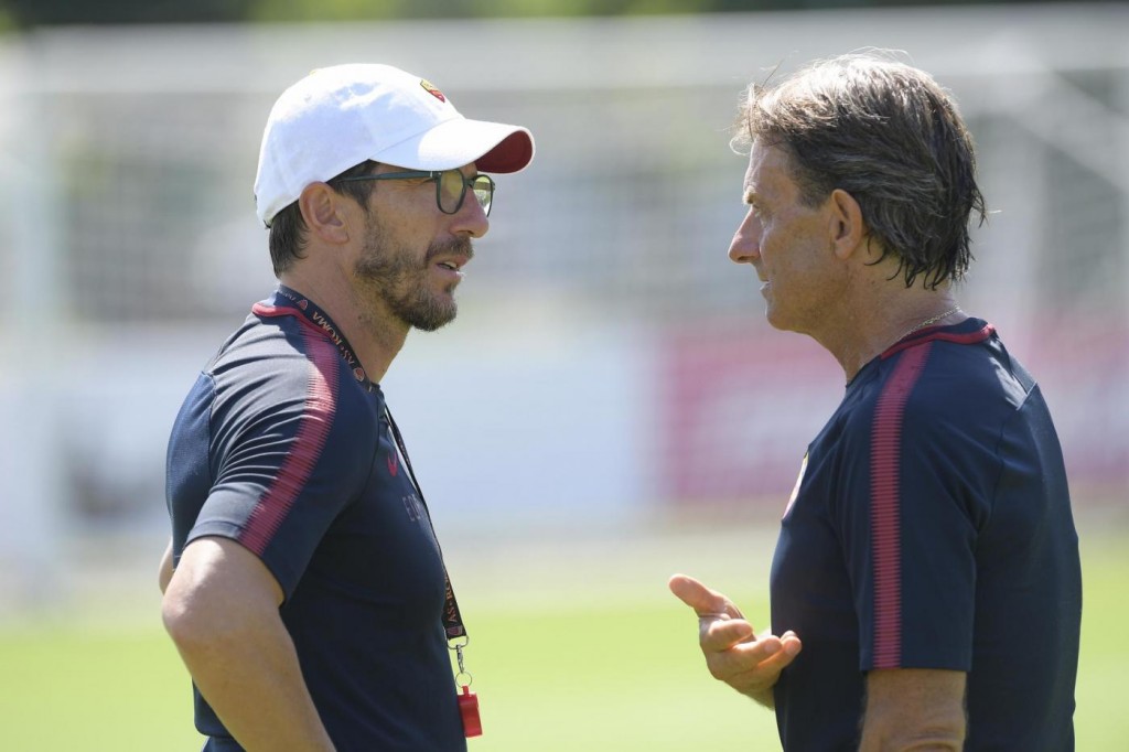Allenamento Trigoria (Roma) Nella foto: L'allenatore della AS Roma Eusebio Di Francesco e l'allenatore della AS Roma primavera Alberto De Rossi durante l'allenamento