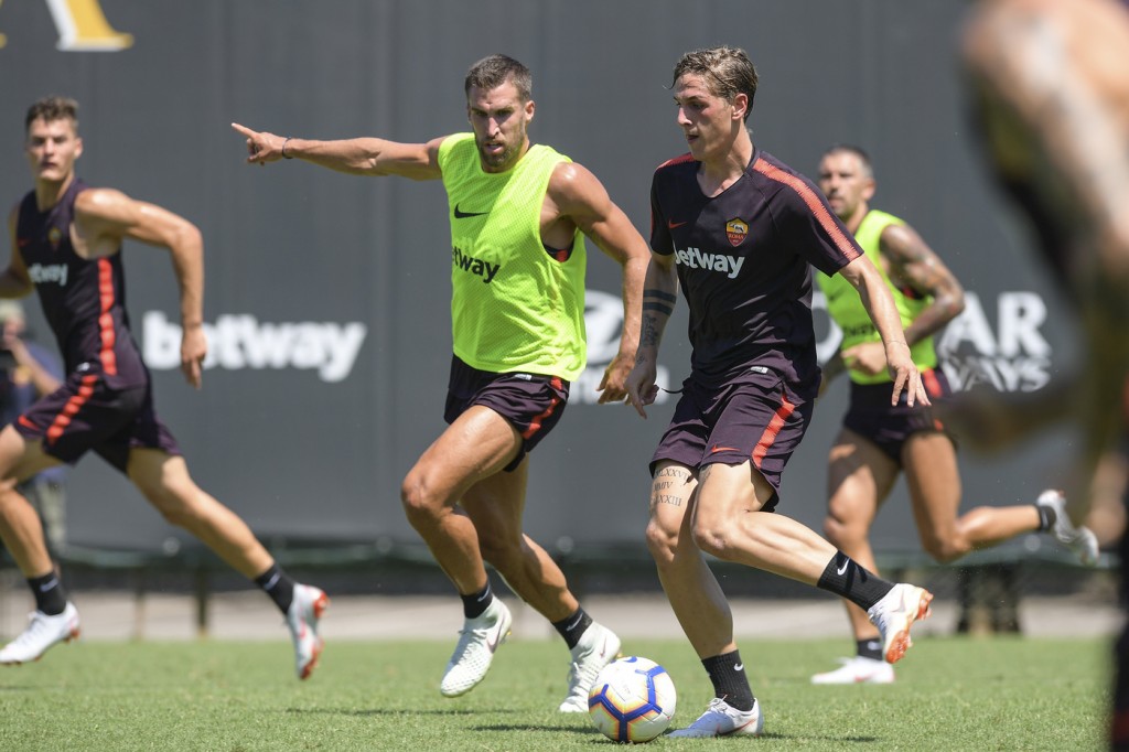 Zaniolo_Strootman_ASRoma, allenamento a Trigoria