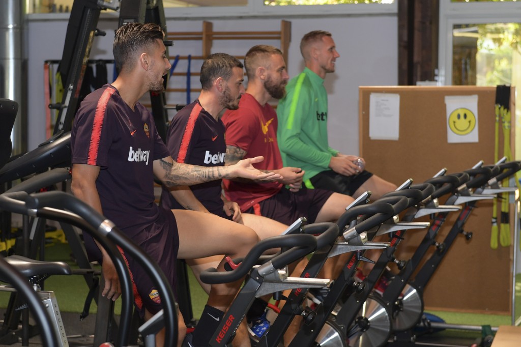 Lorenzo Pellegrini, Alessandro Florenzi, Daniele De Rossi, Robin Olsen Trigoria Roma_AS Roma, allenamento post Derby