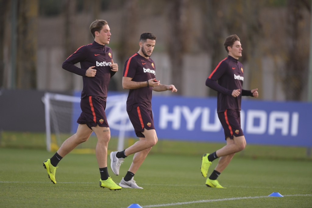 zaniolo - manolas - schick - AS Roma, allenamento pomeridiano a Trigoria