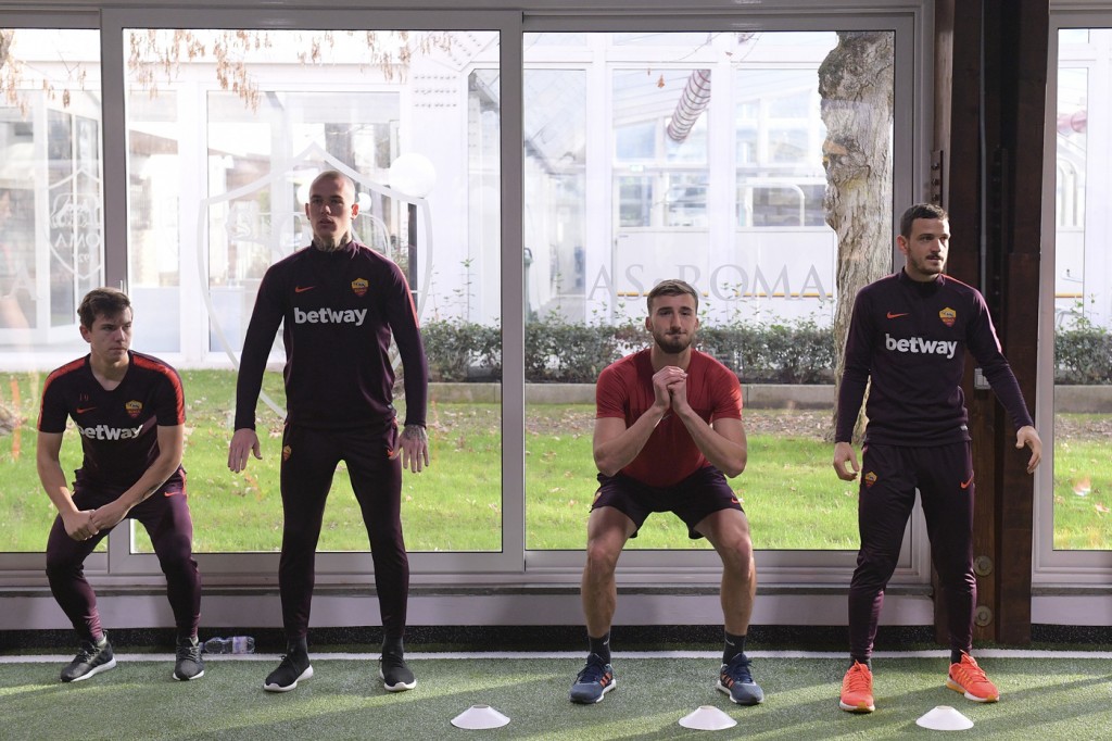AS Roma_allenamento_Trigoria_Florenzi_Cristante_Karsdorp_Coric