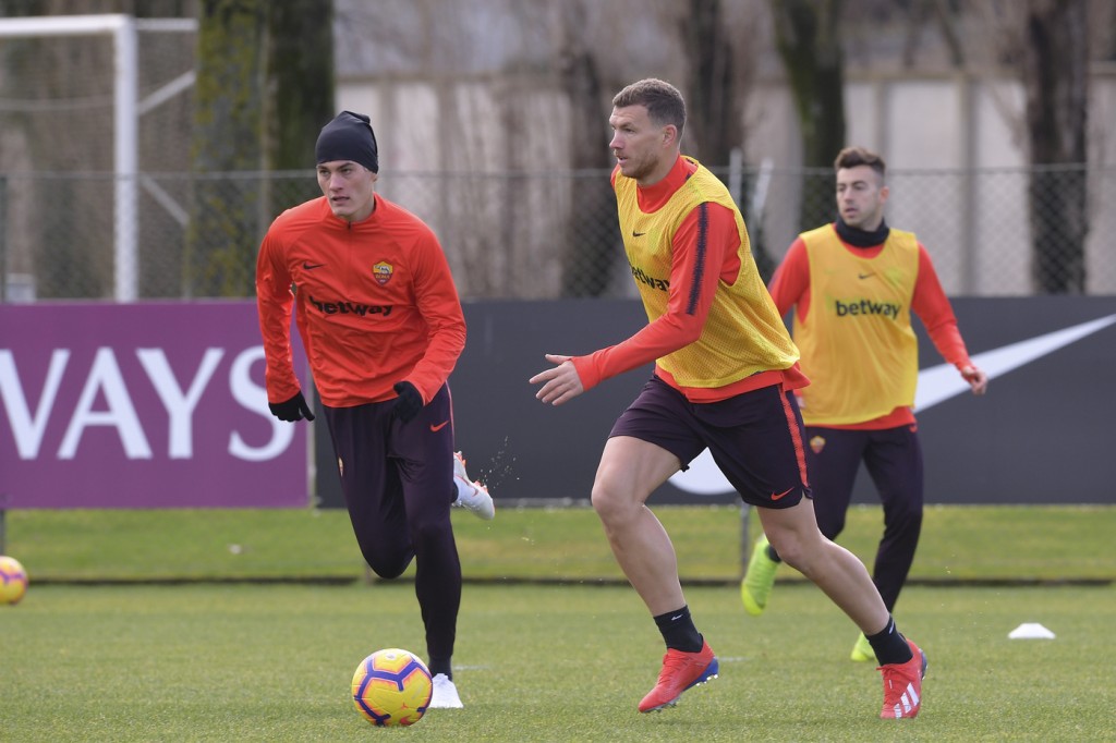 Dzeko Schick AS Roma, seduta di allenamento al Centro sportivo di Trigoria