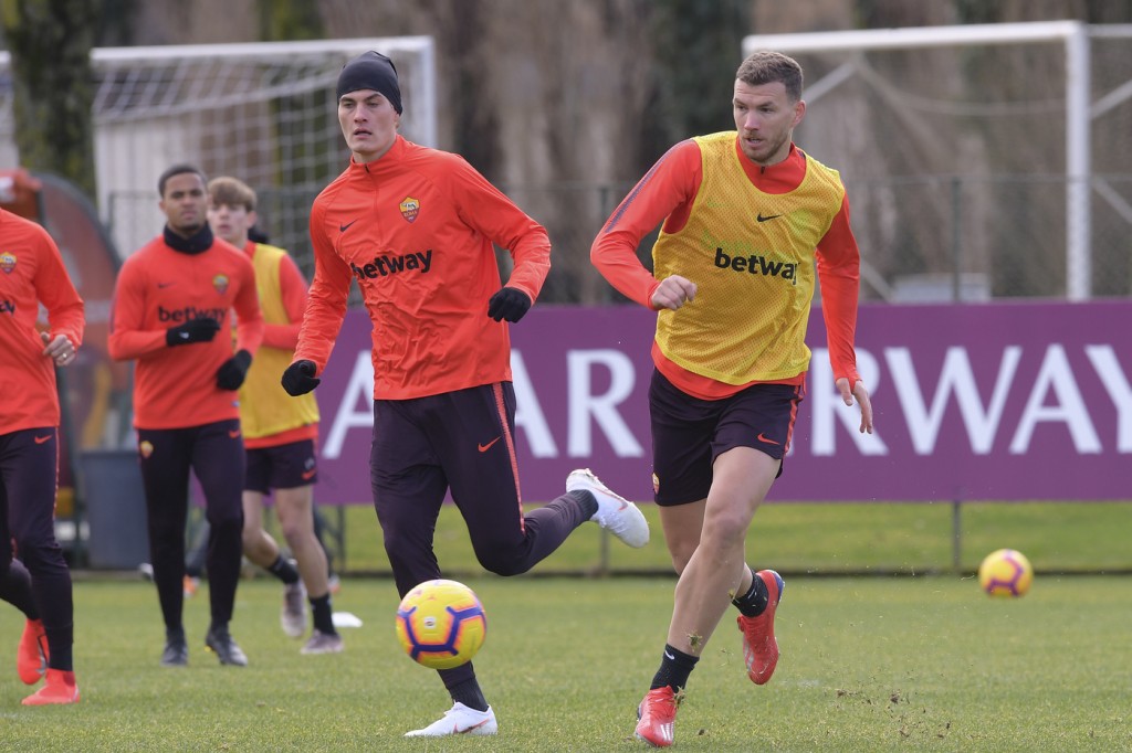 Dzeko Schick AS Roma, seduta di allenamento al Centro sportivo di Trigoria
