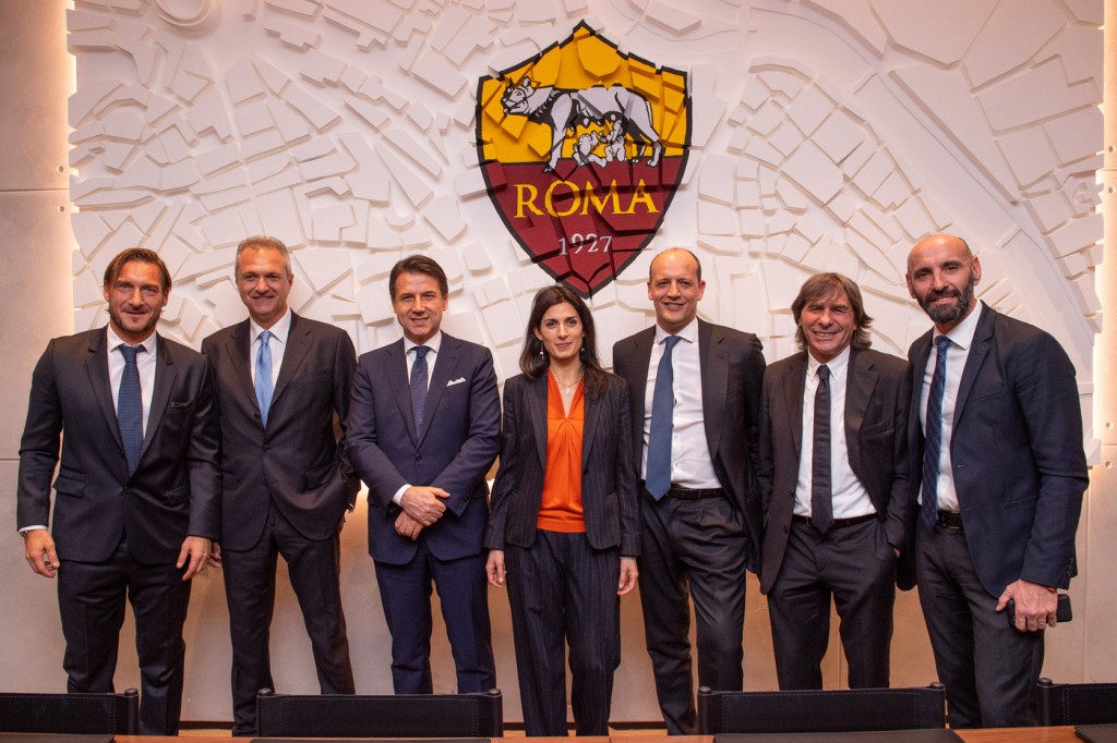 monchi bruno conti baldissoni virginia raggi giuseppe conte fienga totti AS Roma, presentazione nuova sede EUR