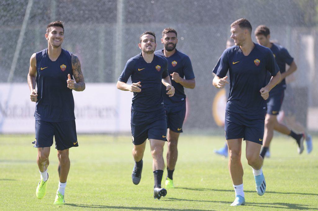 Dzeko Florenzi Pellegrini AS Roma, sessione di allenamento al Centro sportivo di Trigoria