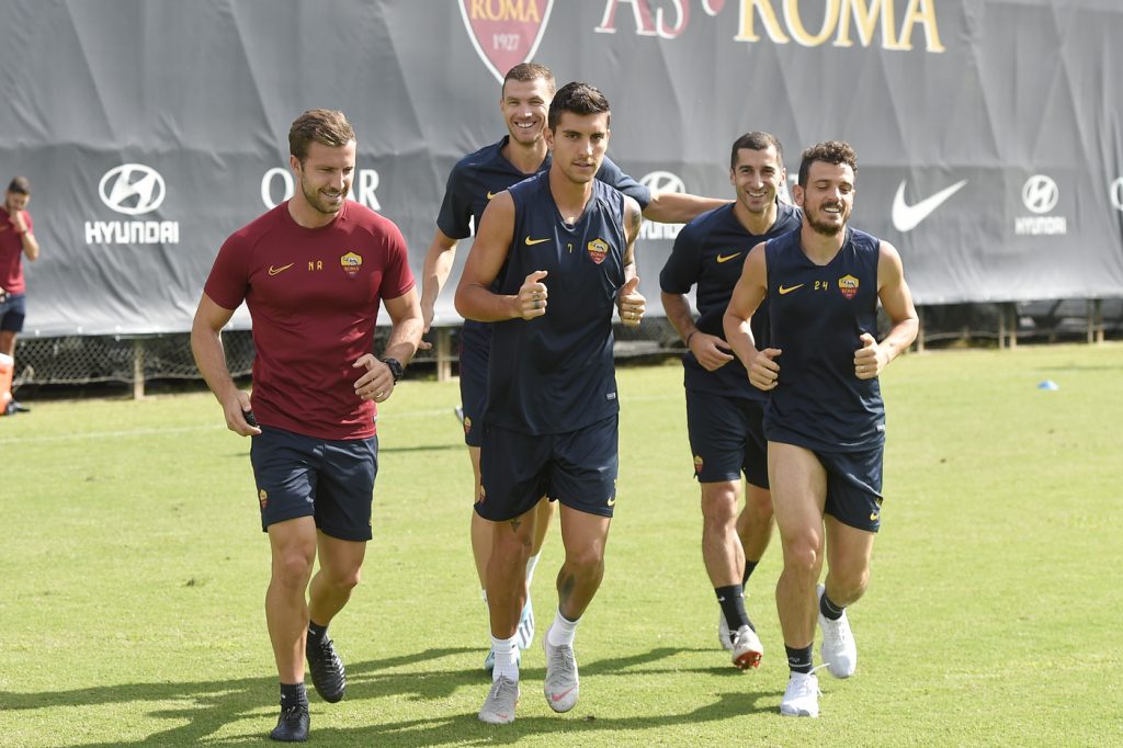Dzeko Mkhitaryan Florenzi Pellegrini AS Roma, allenamento mattutino a TrigoriaAS Roma, allenamento mattutino a Trigoria