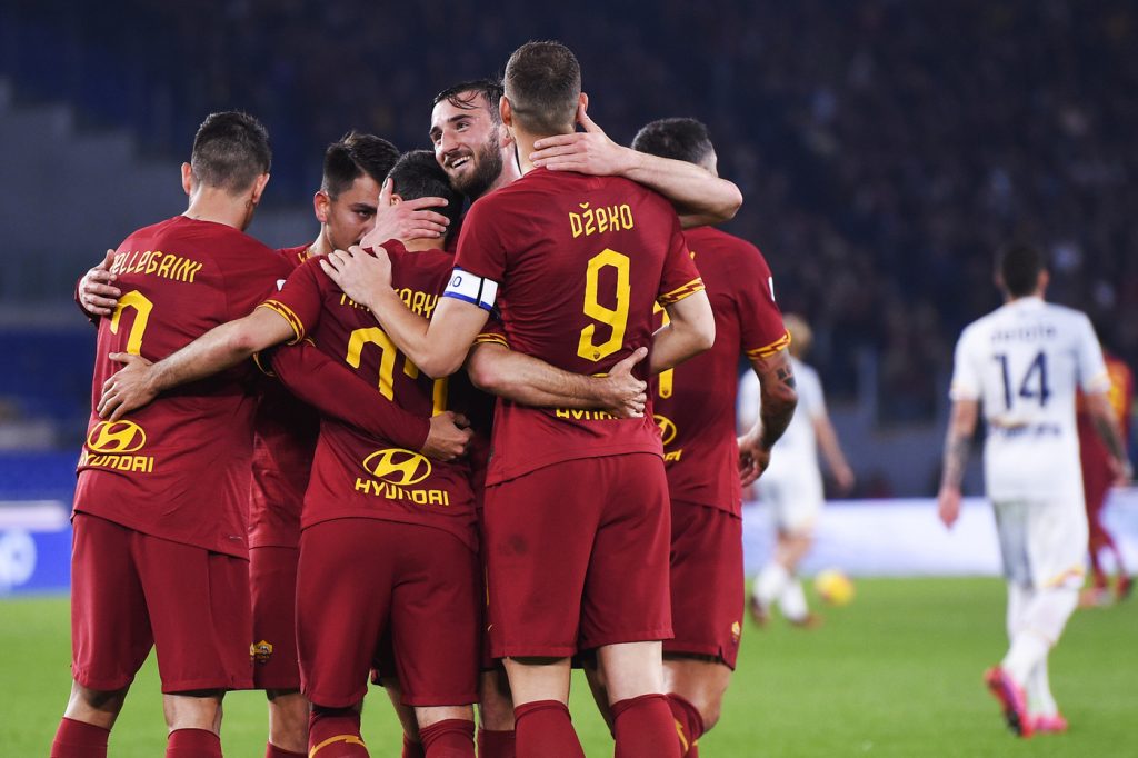 Roma-Lecce Dzeko Mkhitaryan Pellegrini esultanza gol