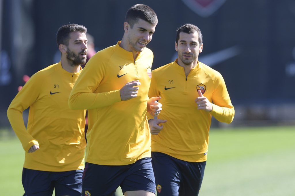 Mancini SPinazzola Mkhitaryan AS Roma, sessione di allenamento a Trigoria
