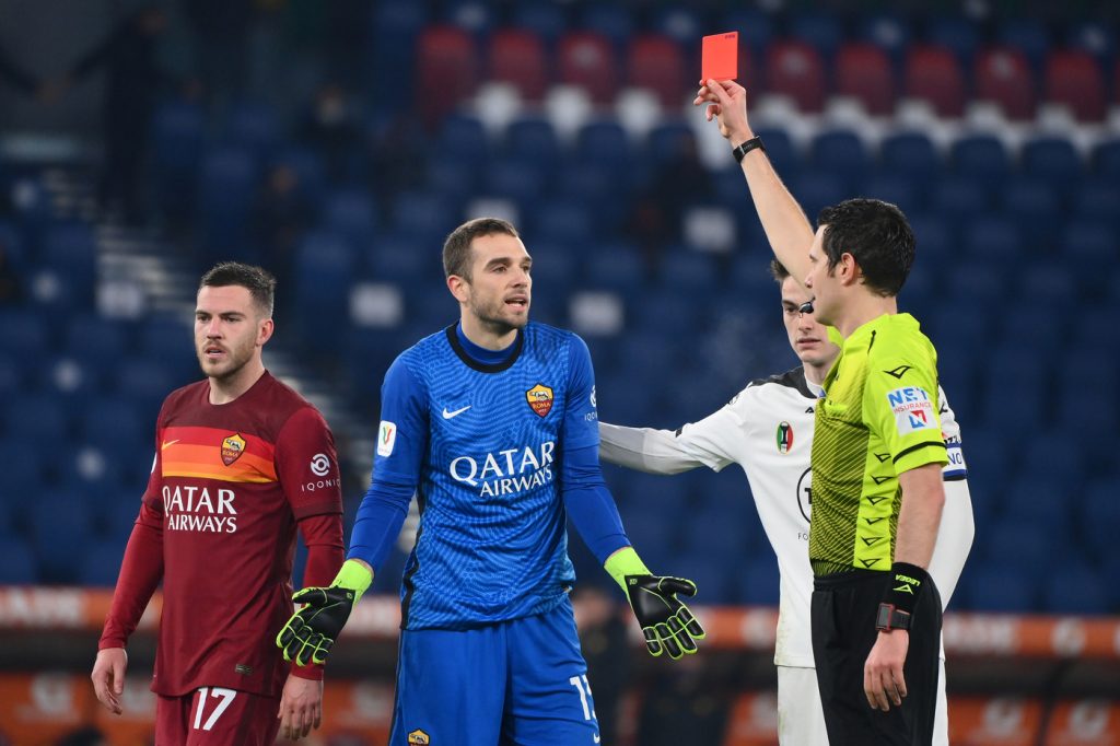 Pau Lopez rosso Roma vs Spezia - Coppa Italia - Ottavi di Finale 2020/2021