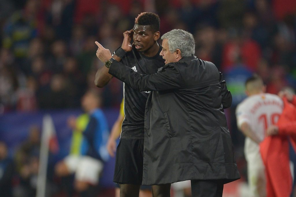 Mourinho Pogba Sevilla FC v Manchester United - UEFA Champions League Round of 16: First Leg