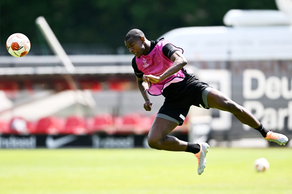 Evan Ndicka Eintracht Frankfurt Training Session And Press Conference - UEFA Europa League Final 2021/22