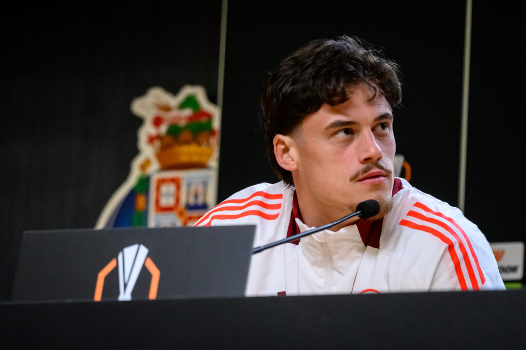 Svilar AS Roma Training And Press Conference - UEFA Europa League 2024/25 League Knockout Play-off First Leg