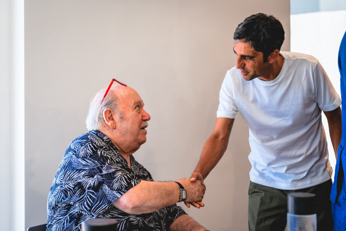 Comedian Lino Banfi Meets AS Roma Legends Bruno Conti And Paulo Roberto Falcao